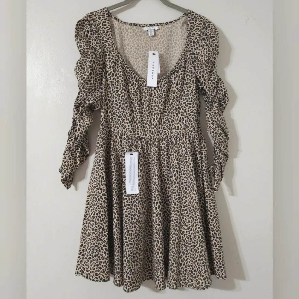 TOPSHOP Leopard Print Long Puff Ruched Sleeve, Stretch Knit Mini Dress, 8